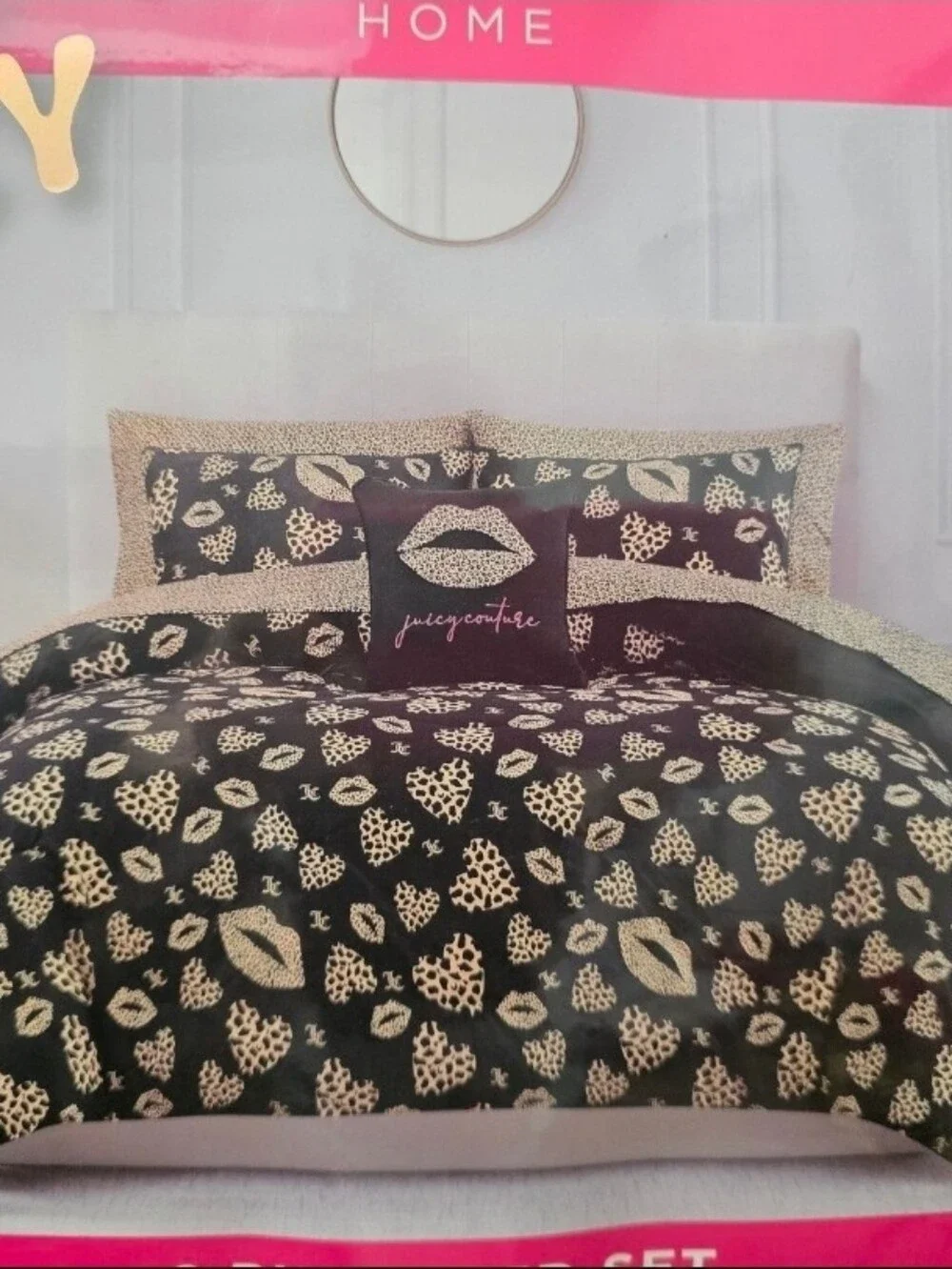 Juicy Couture QUEEN Cheetah Heart Kiss Love 8 piece Comforter and Sheets set New